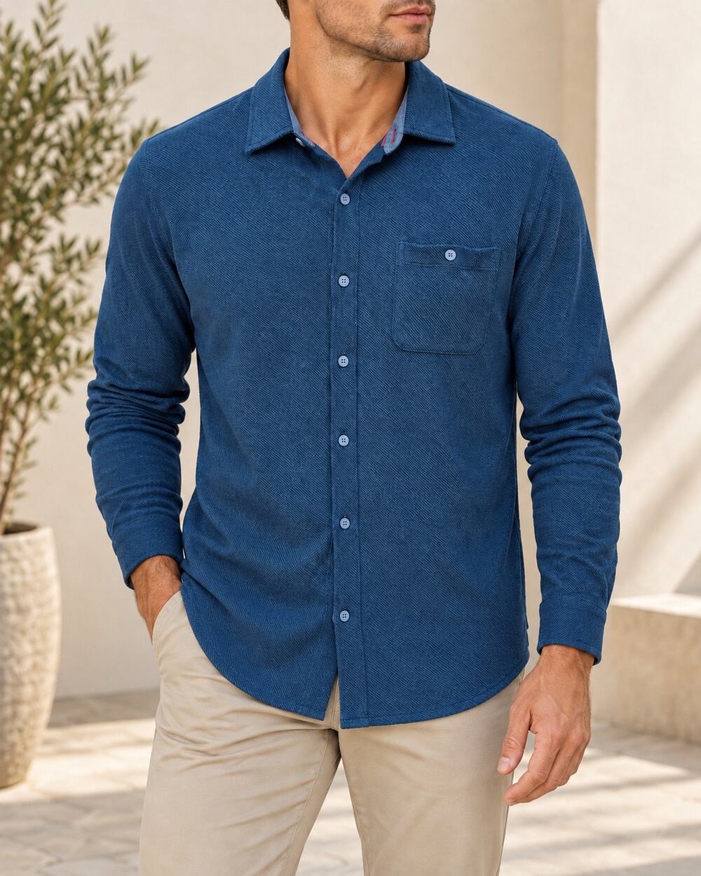 NWT Flag & Anthem Mens Medium Blue Textured Knit Stretch Shirt MSRP $89.99